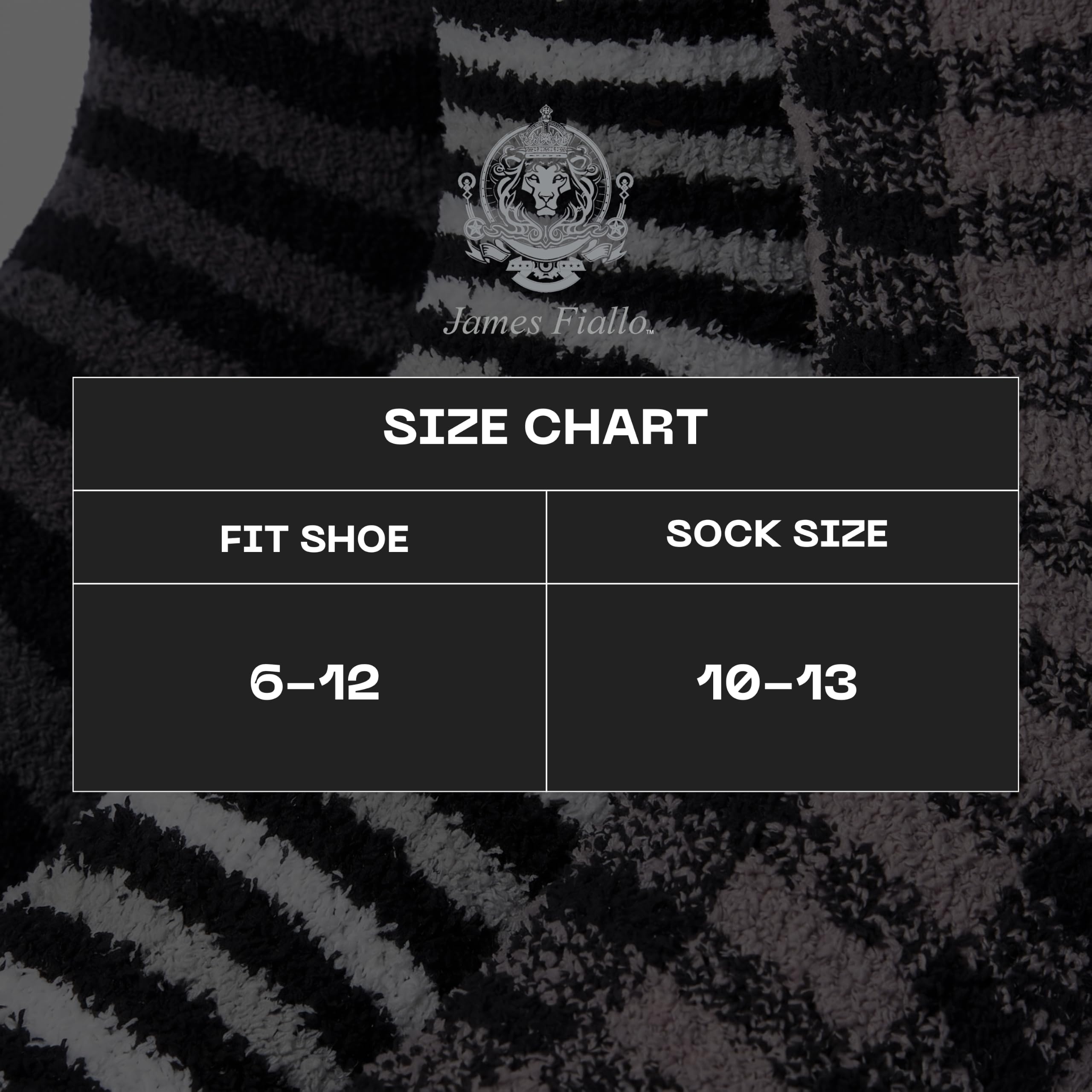 A size chart graphic overlaid on a close-up of a black and gray striped knit sock. The chart reads 'SIZE CHART' with 'FIT SHOE' mapped to '6-12' and 'SOCK SIZE' mapped to '10-13'.