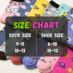 A size chart graphic overlaid on a display of multiple colorful patterned socks. The text reads 'SIZE CHART' with 'SOCK SIZE' and 'SHOE SIZE' and numeric ranges below.