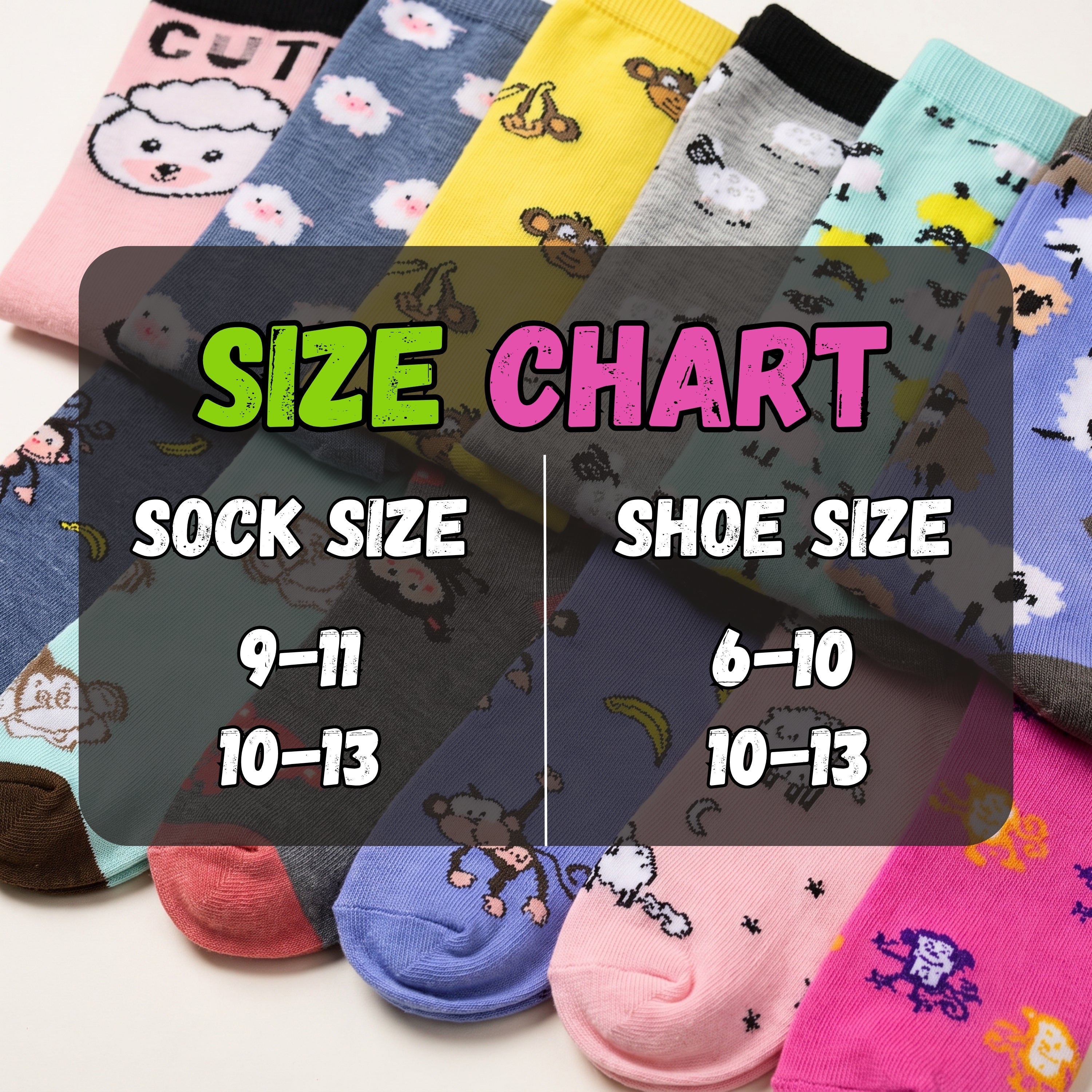 A size chart graphic overlaid on a display of multiple colorful patterned socks. The text reads 'SIZE CHART' with 'SOCK SIZE' and 'SHOE SIZE' and numeric ranges below.