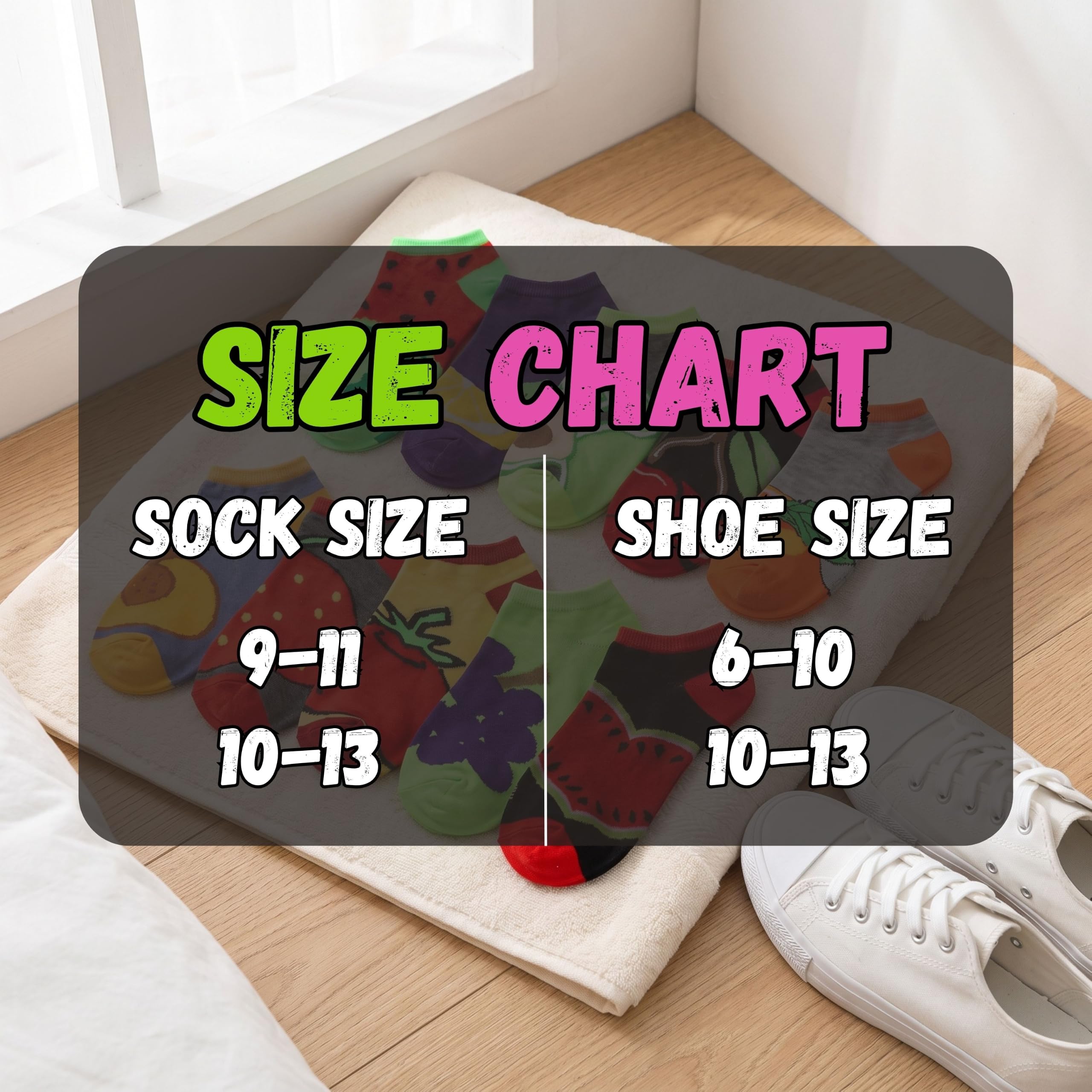A size chart graphic overlaid on a folded multicolor sock and a white sneaker on a wooden floor, showing conversions between sock size 9-11 / 10-13 and shoe size 6-10 / 10-13.