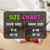 A size chart overlay for socks and shoes, showing sock sizes 9-11 and 10-13 paired with shoe sizes 6-10 and 10-13, placed over a styled flat-lay of colorful socks and a white sneaker on a wooden surface.
