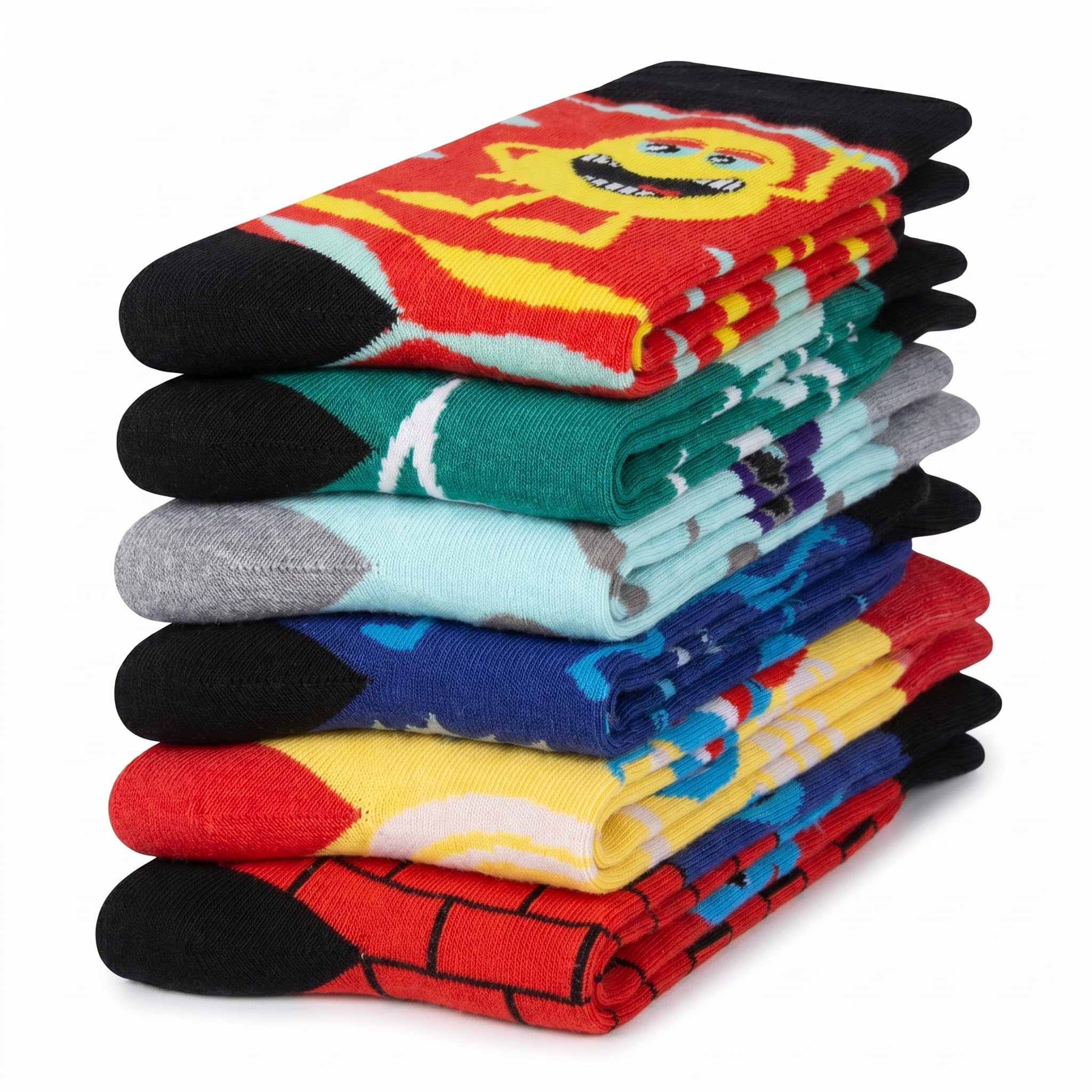 A stack of eight folded novelty socks with colorful cartoon and graphic patterns, including Spider-Man and other characters, on a white background.