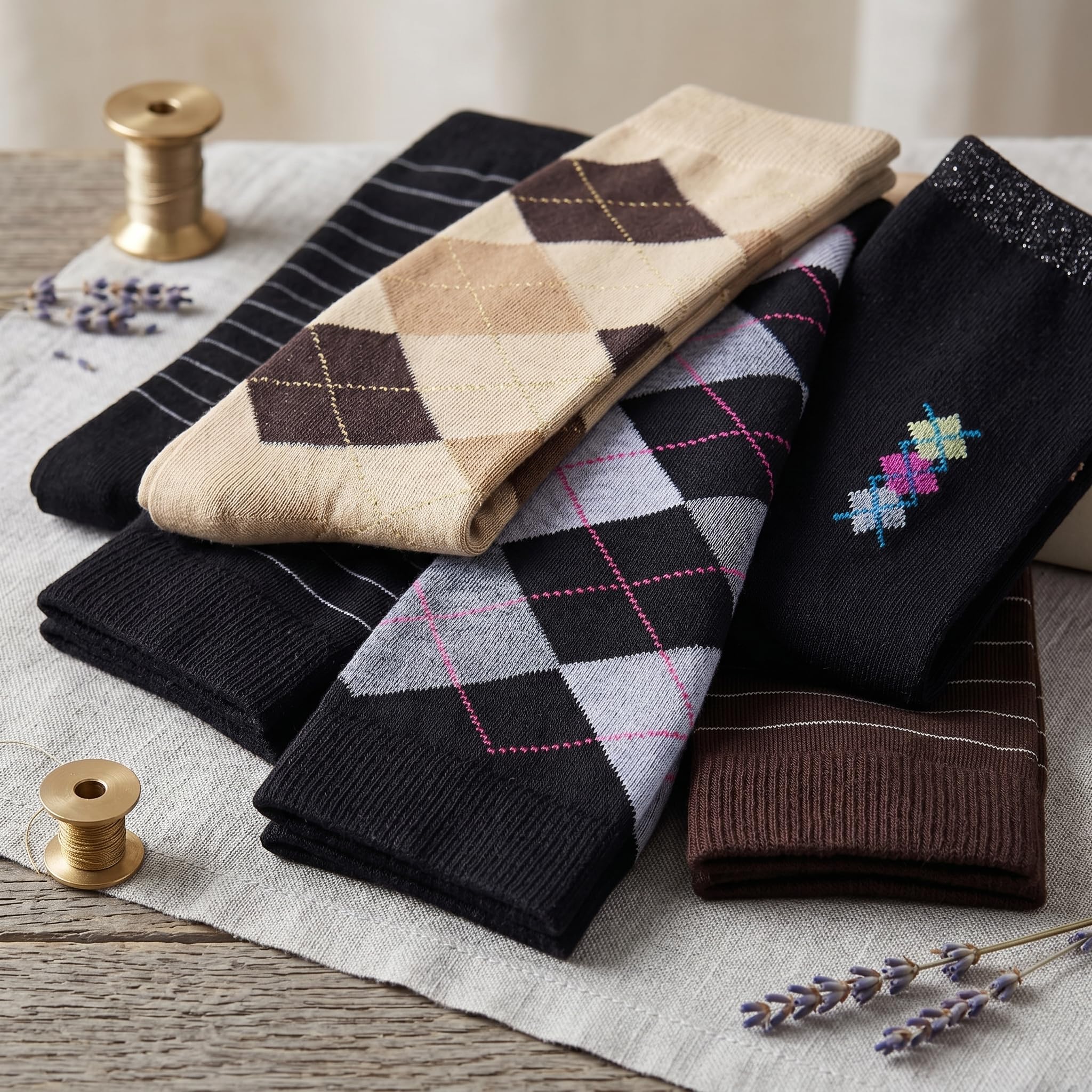 A stack of folded knit socks in multiple patterns and colors, including argyle and striped designs, arranged on a light fabric surface with decorative spools and lavender sprigs.