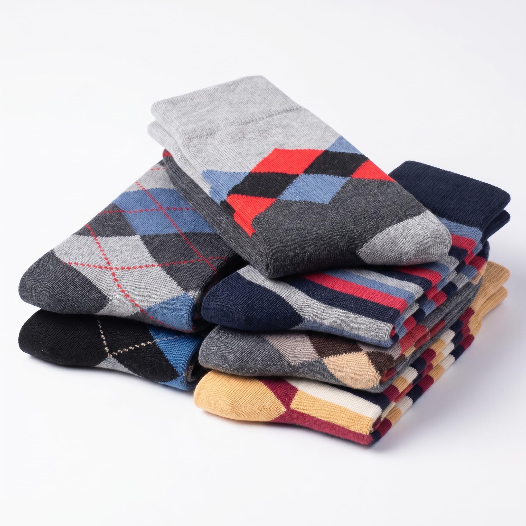 A stack of folded men's dress socks in various colors and patterns, including argyle and striped designs, on a clean white background.