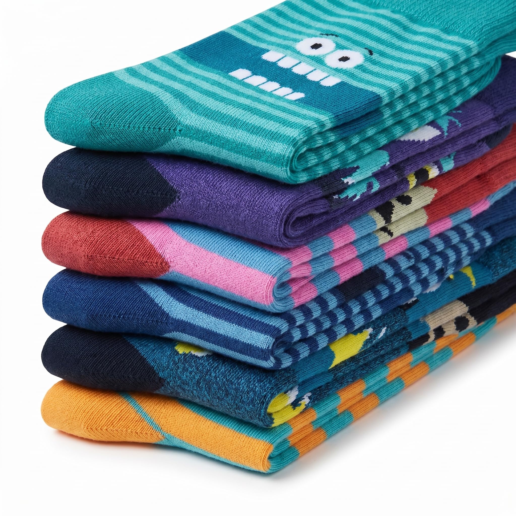A stack of folded patterned socks on a white background, including teal with white cartoon eyes, purple, red, pink, navy, yellow, and orange designs.