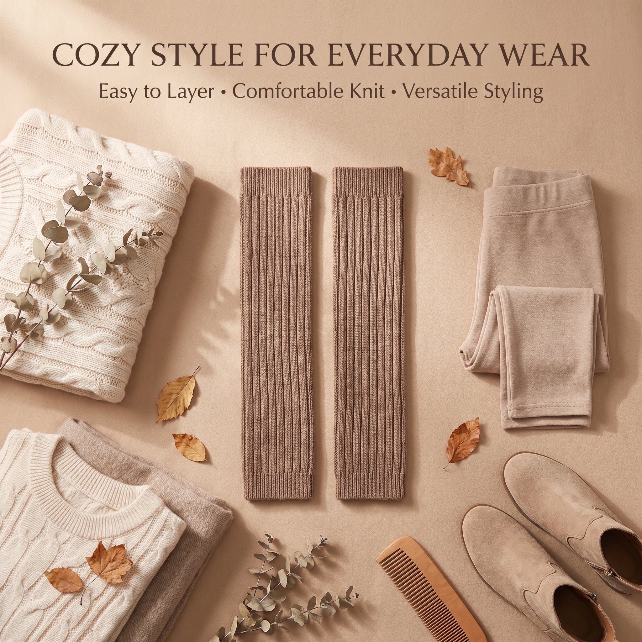 A styled flat-lay of neutral knit apparel on a warm beige background, featuring two ribbed leg warmers in taupe-brown, folded cream and oatmeal sweaters, matching pants, beige shoes, a wooden comb, dried leaves, and eucalyptus stems. Text at the top reads: 'COZY STYLE FOR EVERYDAY WEAR' with smaller descriptive copy.