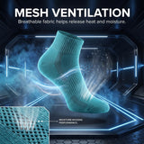 A teal athletic ankle sock is shown in a futuristic blue-tech promotional graphic with the headline 'MESH VENTILATION' and supporting text about breathable fabric and moisture-wicking performance. A close-up inset at bottom left shows the knit mesh texture.