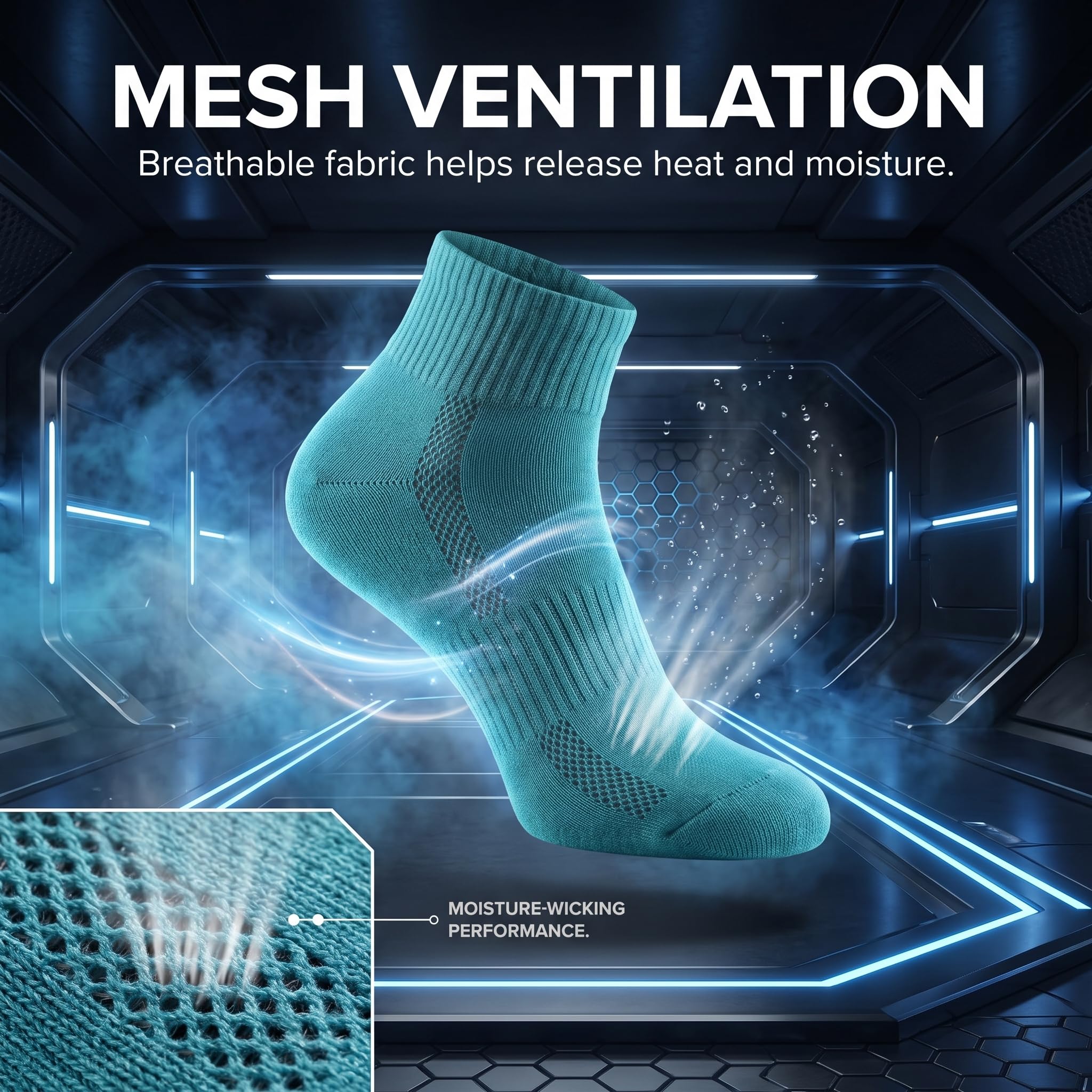 A teal athletic ankle sock is shown in a futuristic blue-tech promotional graphic with the headline 'MESH VENTILATION' and supporting text about breathable fabric and moisture-wicking performance. A close-up inset at bottom left shows the knit mesh texture.