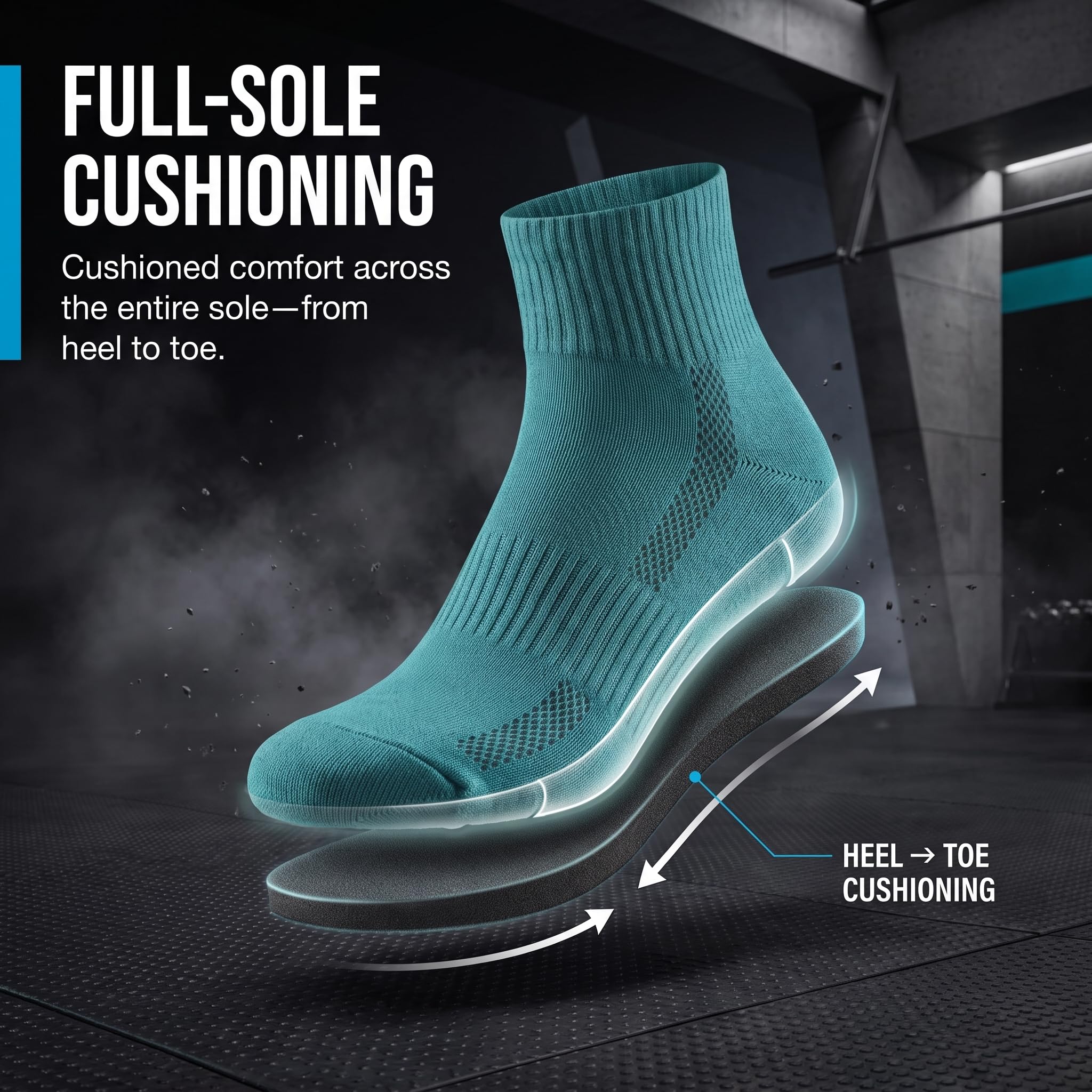 A teal athletic sock is shown floating in a dark gym-like setting with text reading 'FULL-SOLE CUSHIONING' and arrows indicating cushioning from heel to toe.