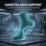 A teal compression sock floating in a futuristic lab setting with glowing blue support lines, under the headline 'TARGETED ARCH SUPPORT' and supporting marketing text about arch support during movement.
