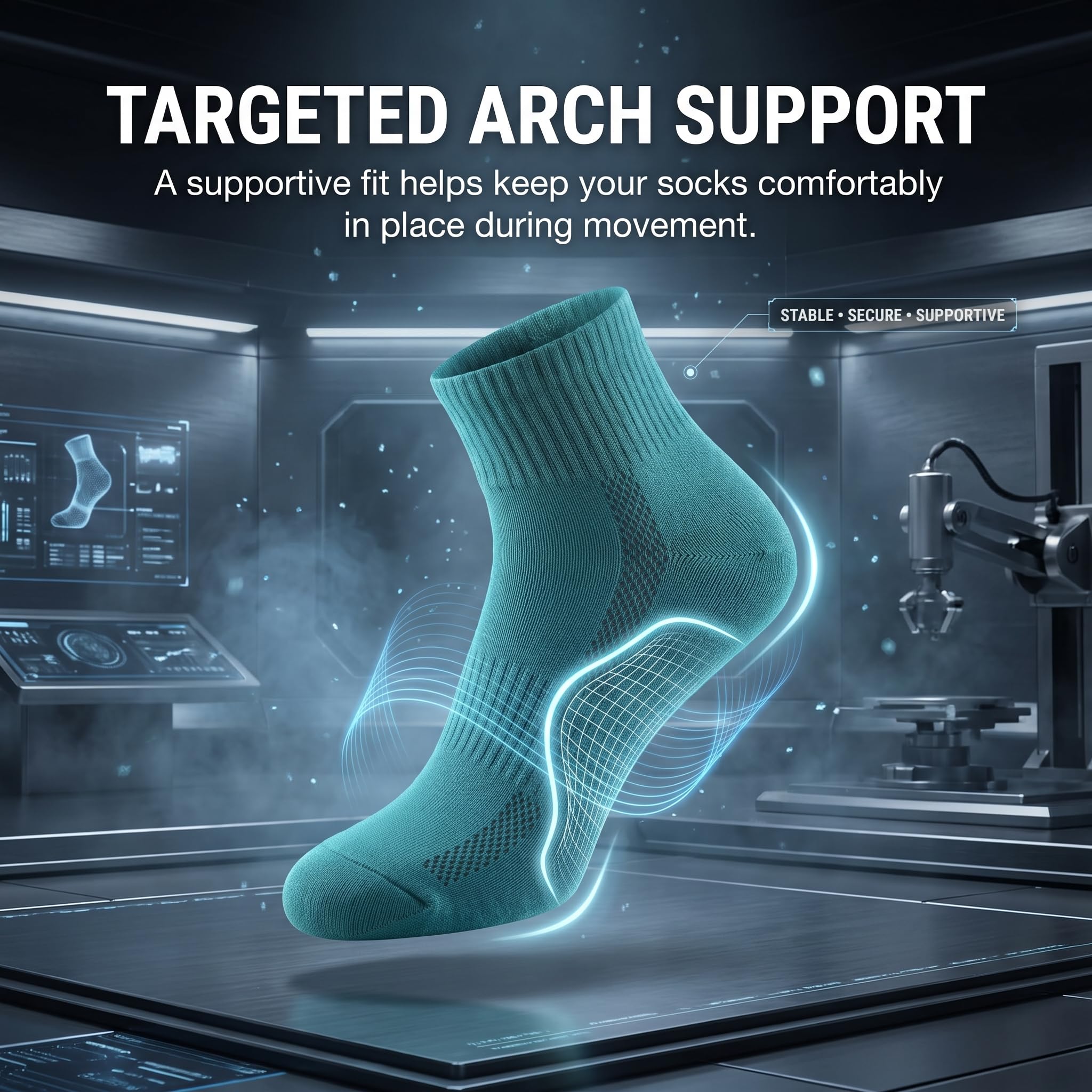 A teal compression sock floating in a futuristic lab setting with glowing blue support lines, under the headline 'TARGETED ARCH SUPPORT' and supporting marketing text about arch support during movement.