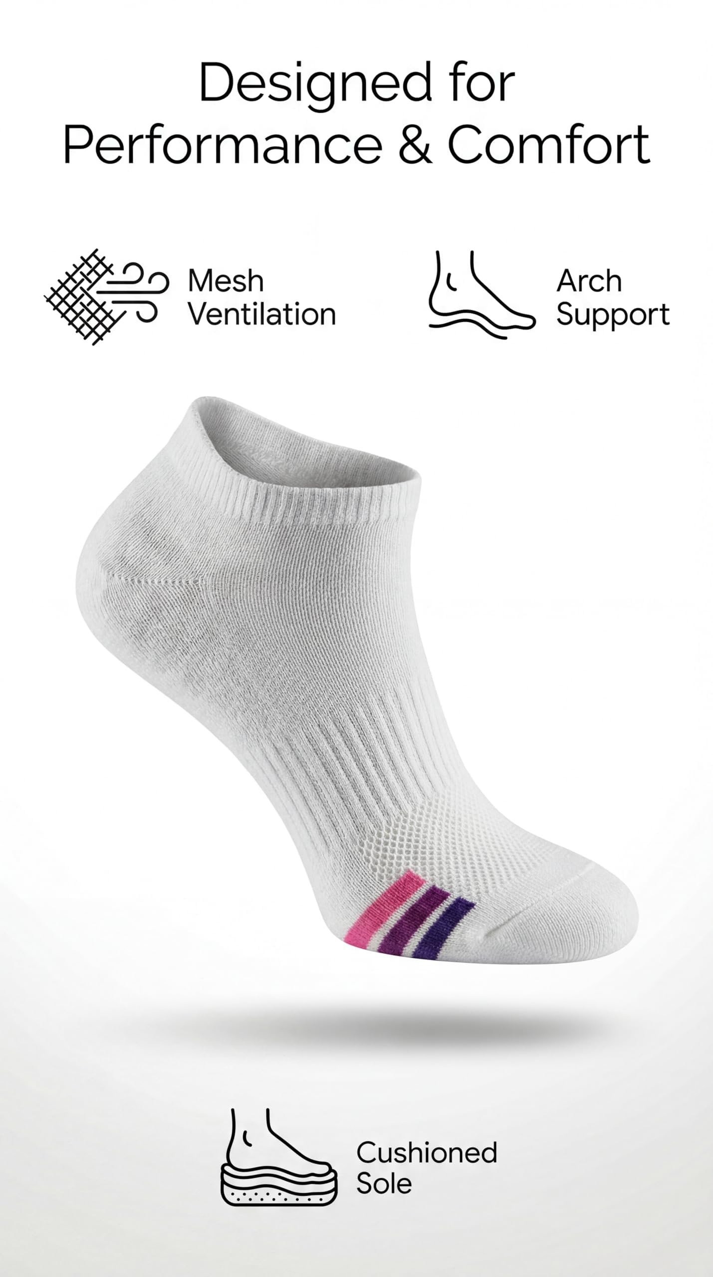 A white low-cut athletic sock with pink and dark purple stripes near the toe, shown on a light gray background with feature callouts for mesh ventilation, arch support, and cushioned sole.