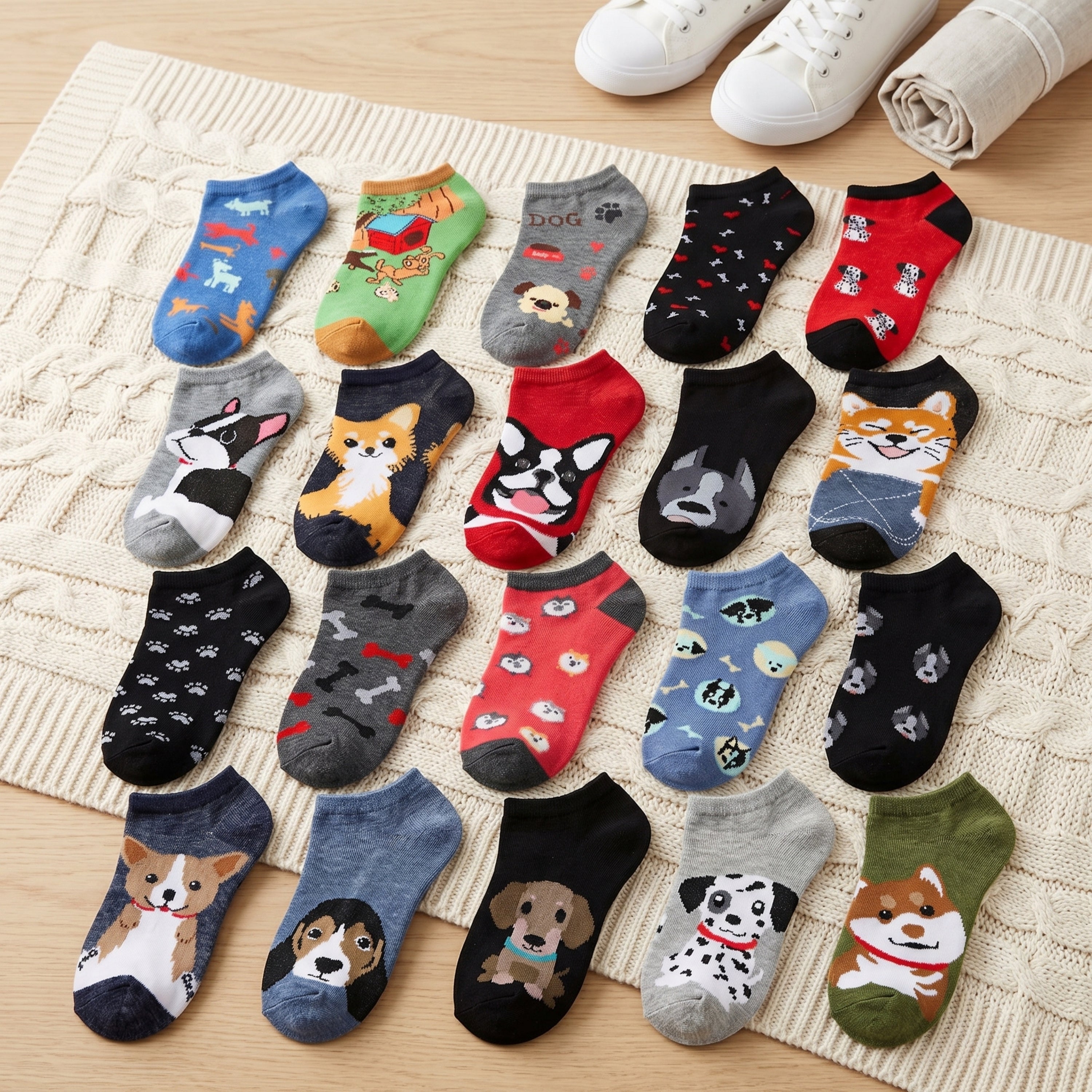 Assorted pairs of dog-themed socks on a textured surface with shoes in the background.