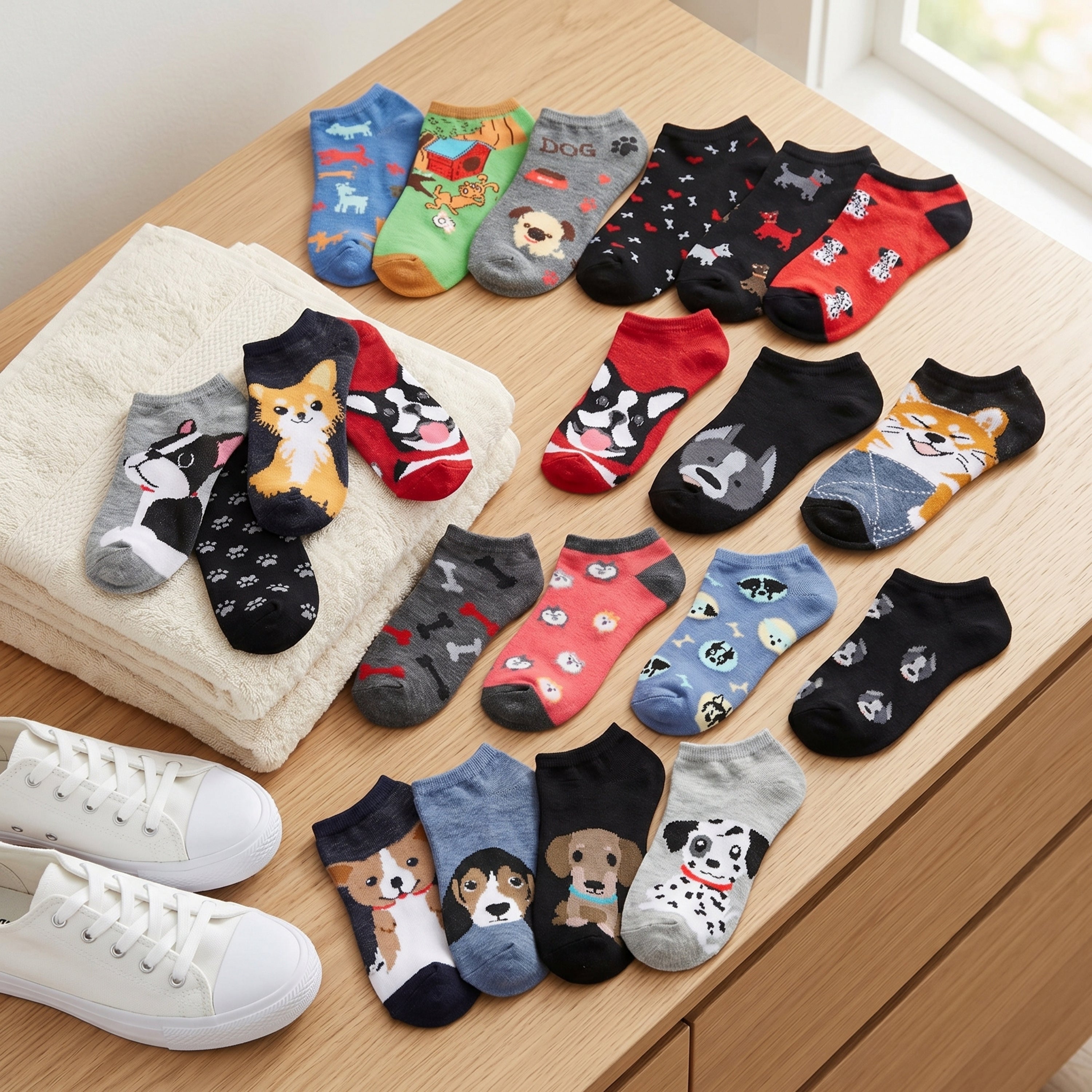 Assorted pairs of socks with dog designs on a wooden surface.