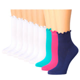 Solid White Turn-Cuff Quarter Ruffle Socks 6 Pack + Solid Multicolor Turn-Cuff Quarter Ruffle Socks 3 Pack