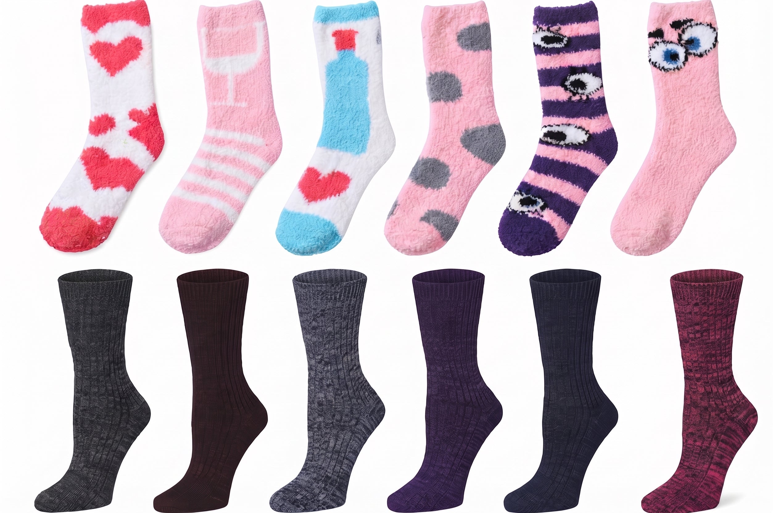 Tipi Toe Women’s Winter Sock (12 Pack) Bundle – 6-Pair Soft Cotton Blend Boot Socks & 6-Pair Plush Non-Skid Fuzzy Slipper Socks, Sizes 9–11