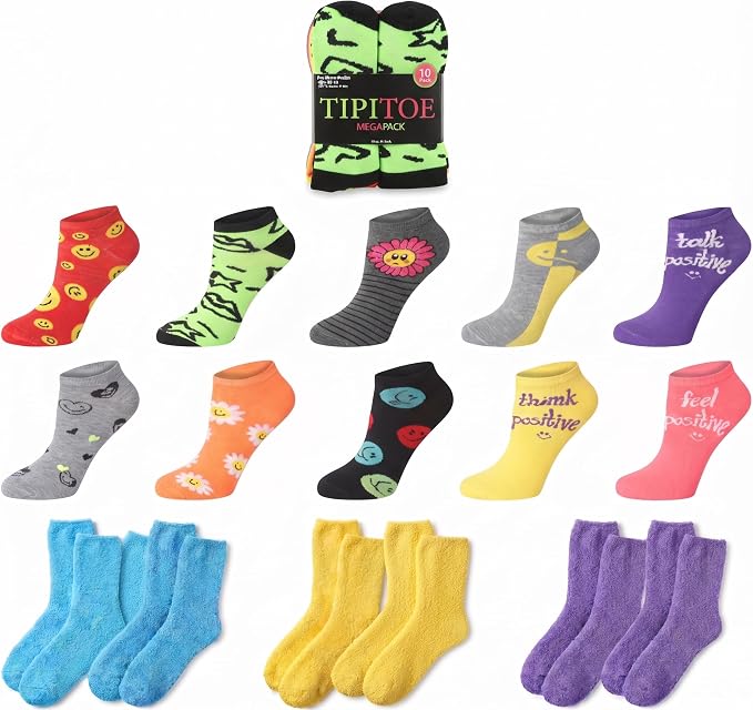 Tipi Toe Women’s Sock Bundle – 10-Pack Low Cut Colorful Everyday Socks & 3-Pack Fuzzy Thermal Non-Skid Slipper Socks, Sizes 9–11