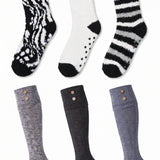Tipi Toe Women’s Winter Weather Sock Bundle – Cable Knit Button Knee-High Boot Socks & Plush Anti-Skid Fuzzy Slipper Socks Multipack, Sock Sizes 9-11