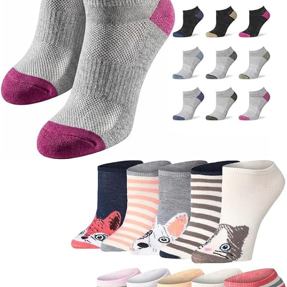 Tipi Toe Women’s Athletic & Novelty Socks ( 22 Pack) Bundle – 12-Pack Cushioned Low-Cut Running Socks & 10-Pack Colorful Fun Ankle Socks, Sizes 9–11