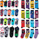 Tipi Toe Women's Novelty Socks Mega Bundle (32 Pairs) – 20-Pack Cats & Dogs Low Cut Ankle Socks and 12-Pack Funny Monster Faces Crew Socks