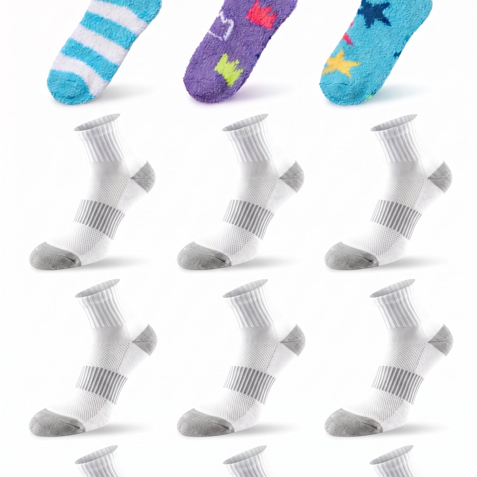 Tipi Toe Women’s Athletic & Fuzzy Sock (15 Pack) Bundle – 12-Pack Cushioned Quarter Running Socks & 3-Pack Non-Skid Thermal Slipper Socks, Sizes 9–11