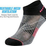 Black and gray athletic sock with pink accents on a white background, featuring text about breathable mesh ventilation.