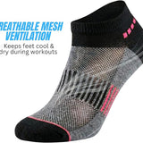 Black and gray athletic sock with pink accents on a white background, featuring text about breathable mesh ventilation.