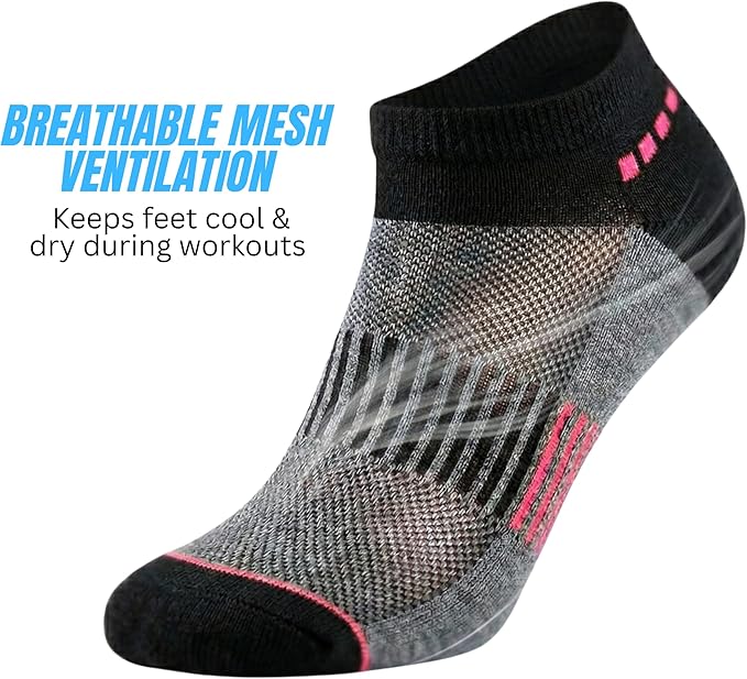 Black and gray athletic sock with pink accents on a white background, featuring text about breathable mesh ventilation.