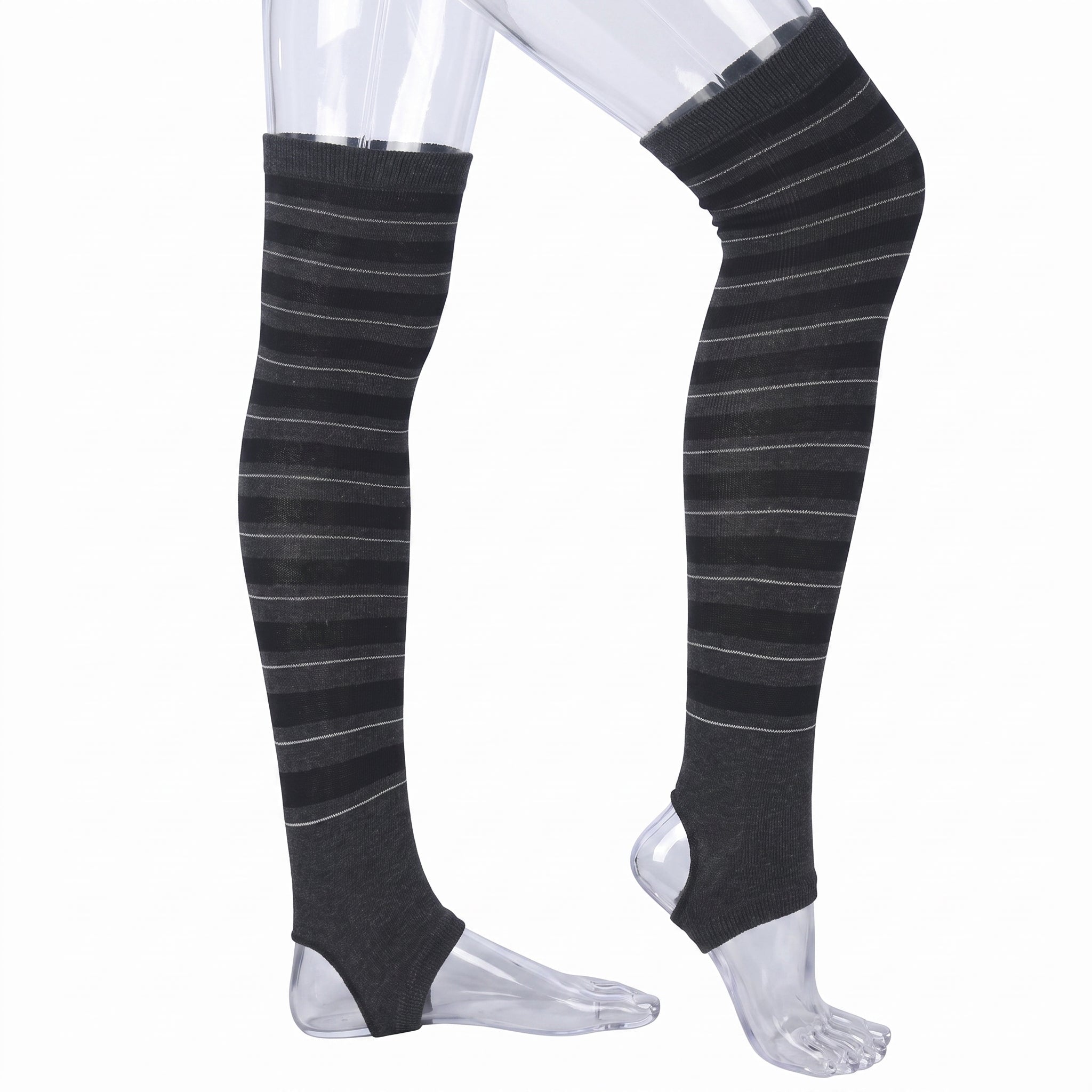 Black and gray striped over-the-knee compression sleeves shown on a transparent mannequin leg form against a white background.