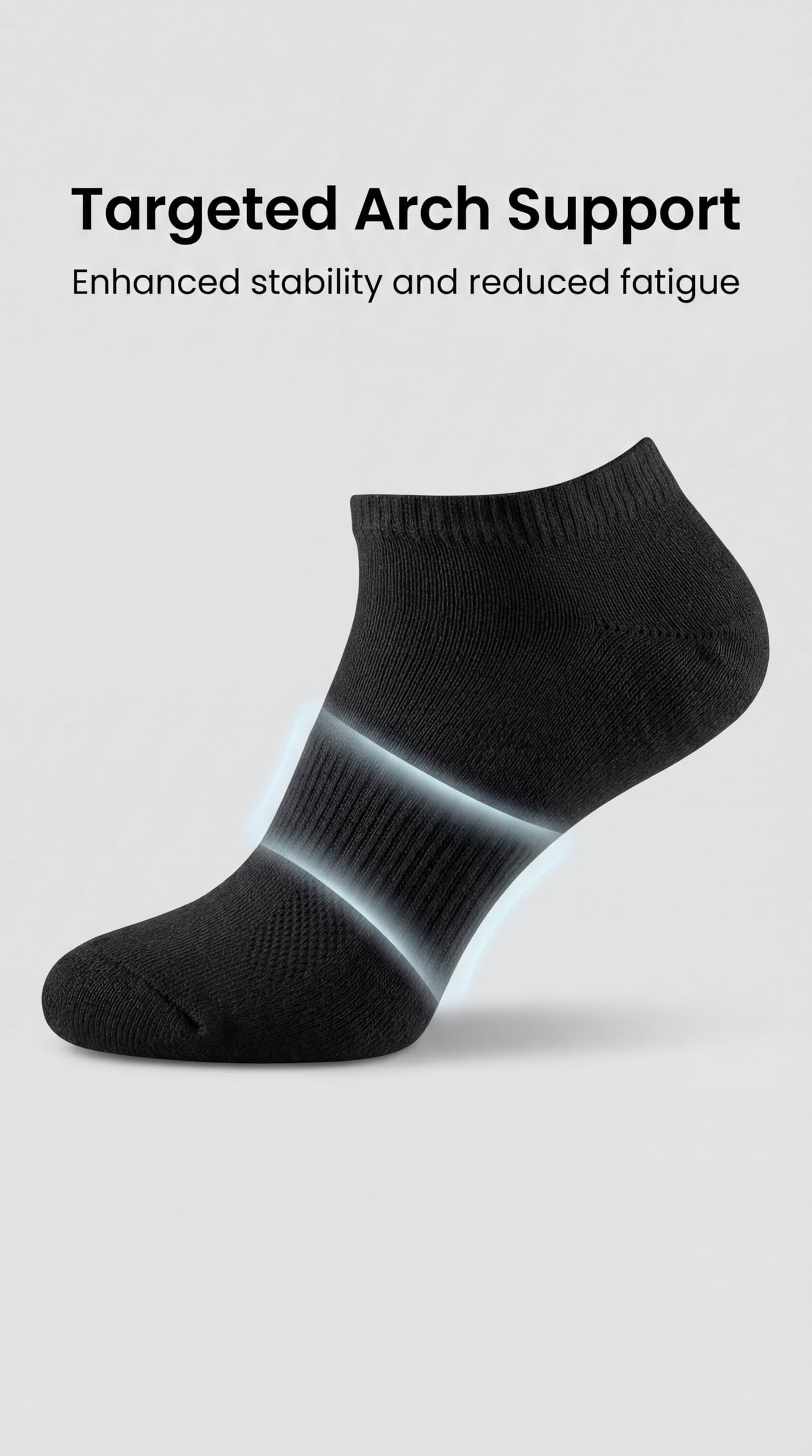 Black ankle sock with arch support on a light gray background