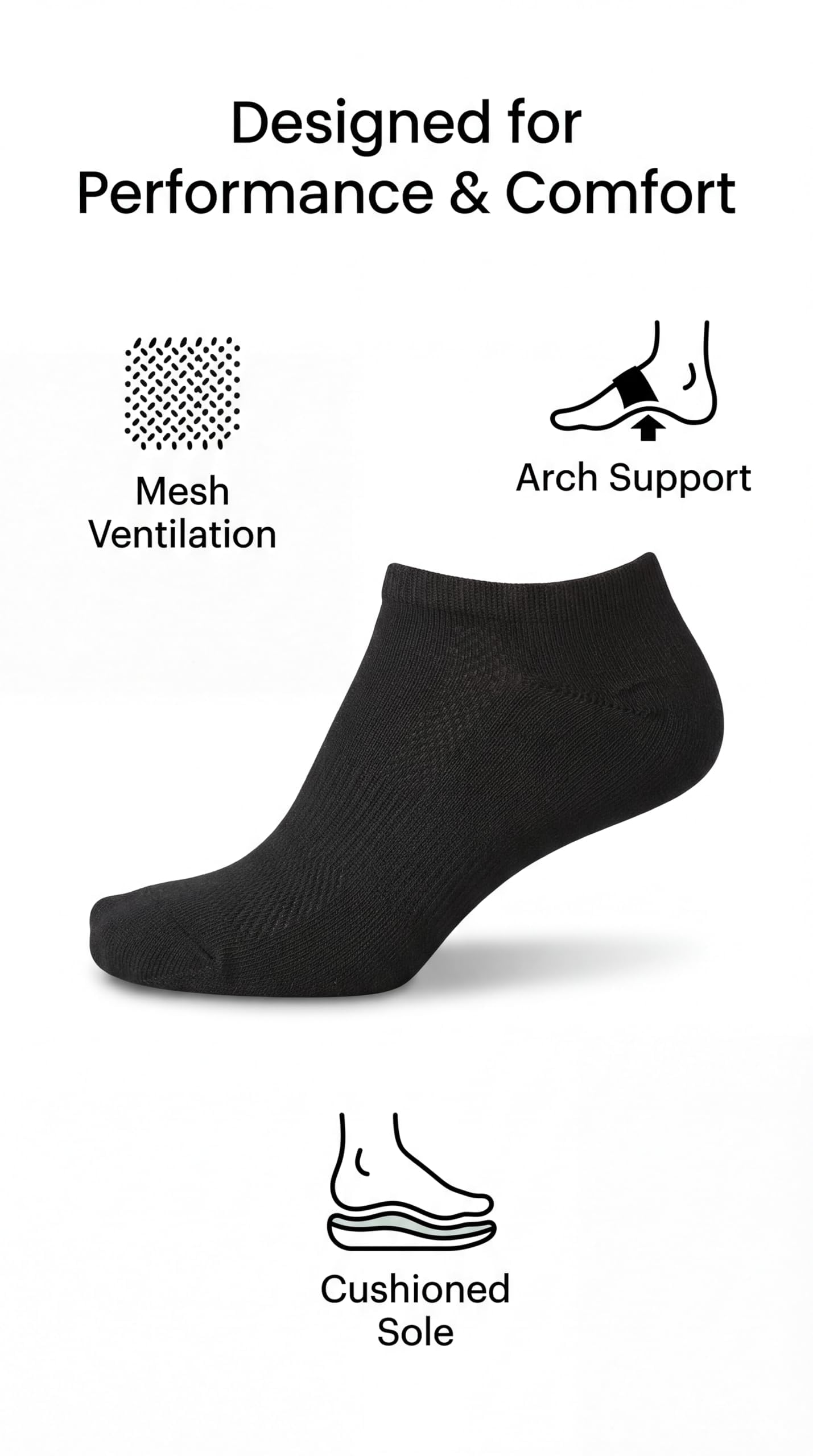 Black ankle sock with features highlighted on a white background