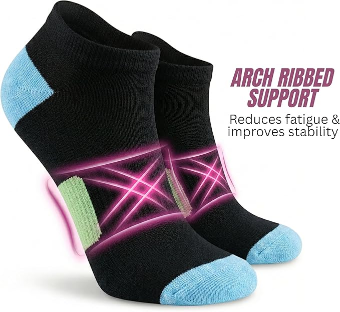 Black ankle socks with arch ribbed support design on a white background