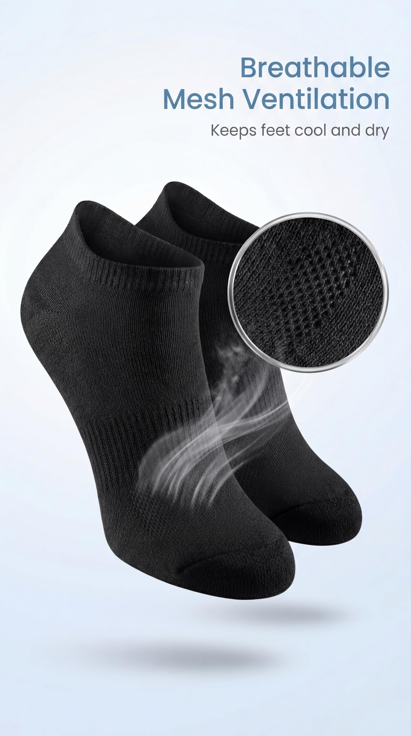 Black ankle socks with breathable mesh ventilation feature on a light gray background