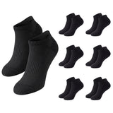 Black low-cut ankle socks shown as a large pair in front and nine smaller pairs arranged in a grid on a plain white background.