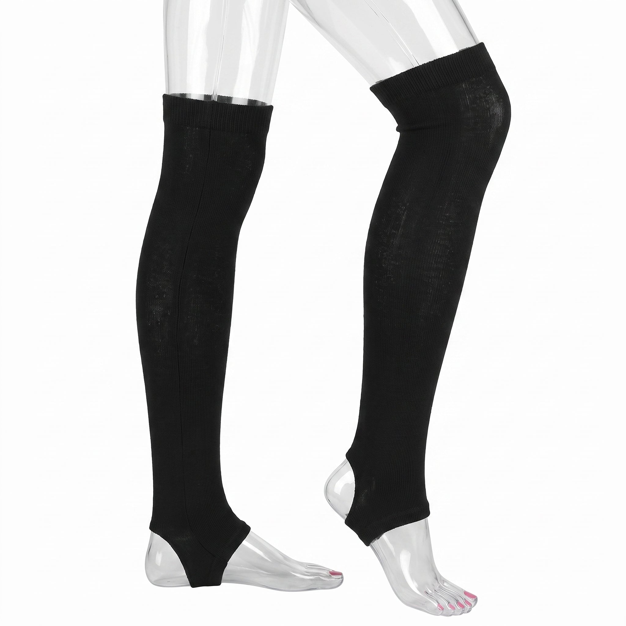 Black over-the-knee compression socks or leg sleeves shown on a transparent mannequin lower leg and foot against a plain white background.