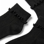 Black ribbed ankle socks with a ruffled trim at the top, arranged on a white background.