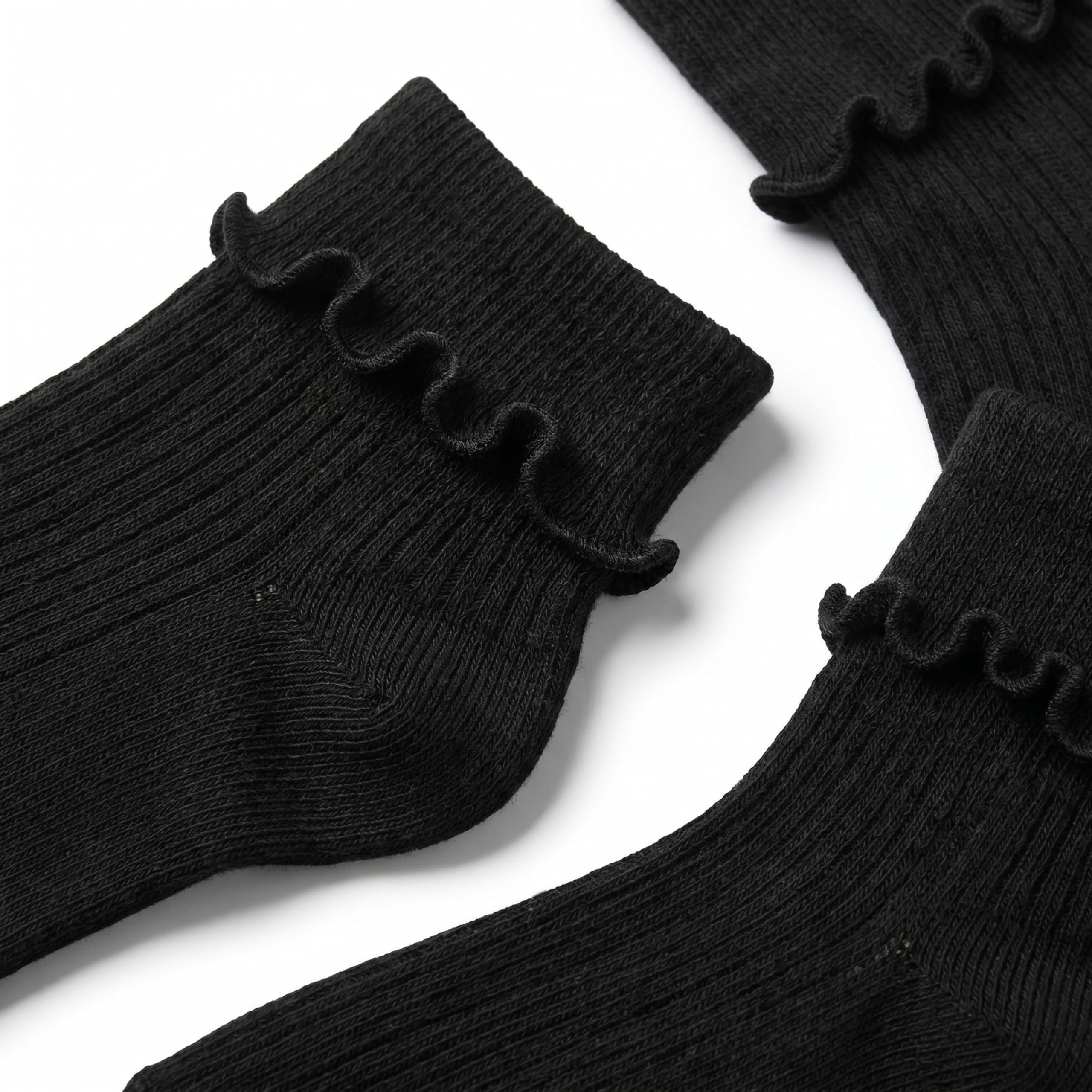 Black ribbed ankle socks with a ruffled trim at the top, arranged on a white background.