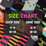 Cat-themed socks with a size chart indicating sock and shoe sizes.