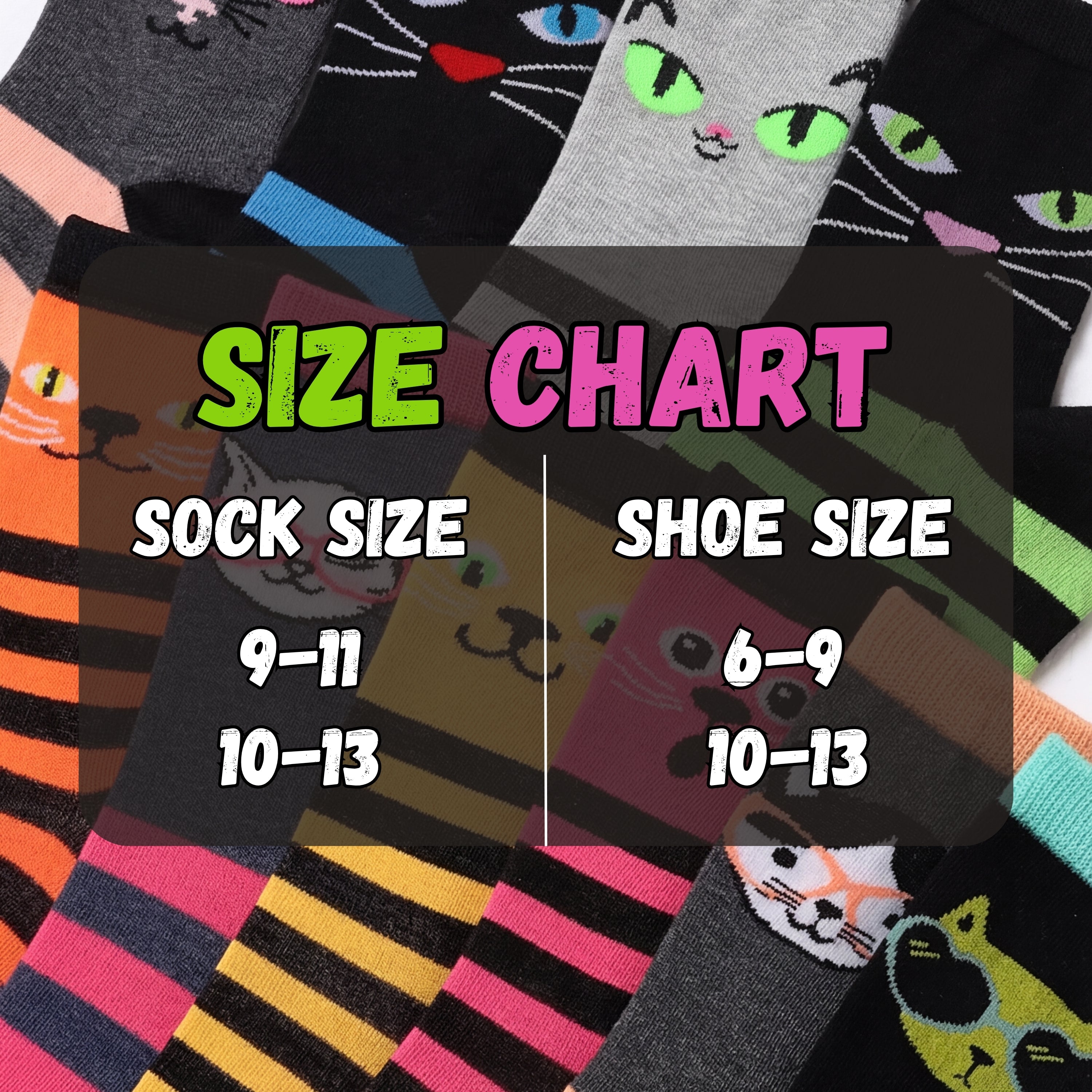 Cat-themed socks with a size chart indicating sock and shoe sizes.