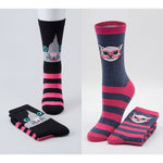 Cat-themed socks with black, pink, and gray stripes on a white background