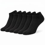 Six black low-cut no-show socks arranged in a row on a plain white background.