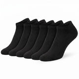 Six black low-cut no-show socks arranged in a row on a plain white background.