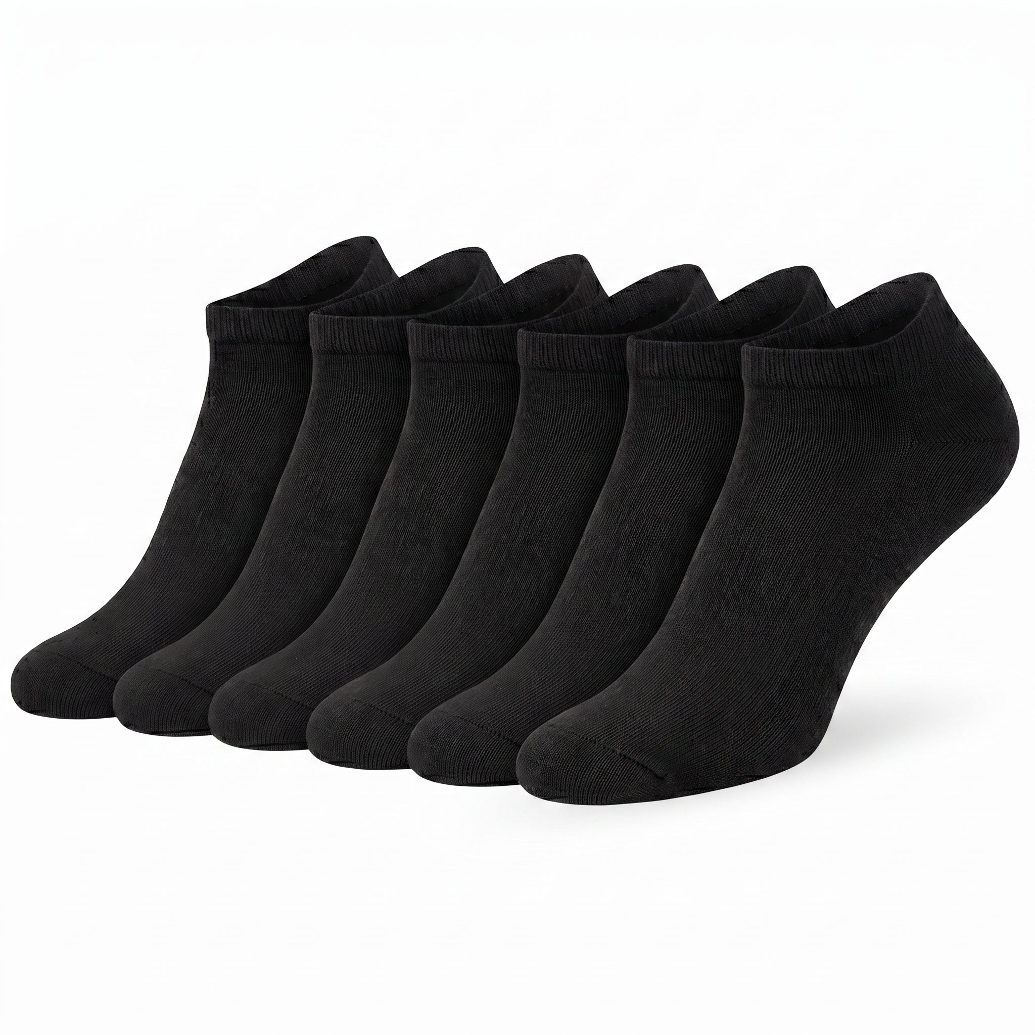 Six black low-cut no-show socks arranged in a row on a plain white background.