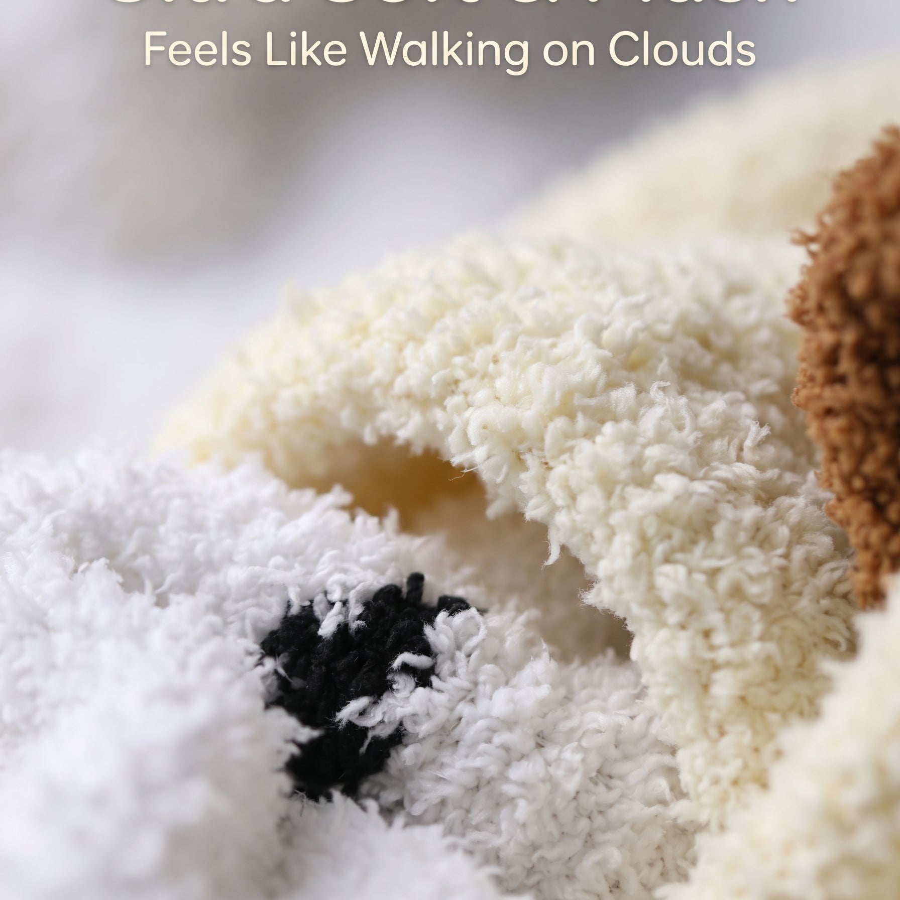 Close-up of a fluffy white blanket with text 'Ultra Soft & Plush Feels Like Walking on Clouds'.
