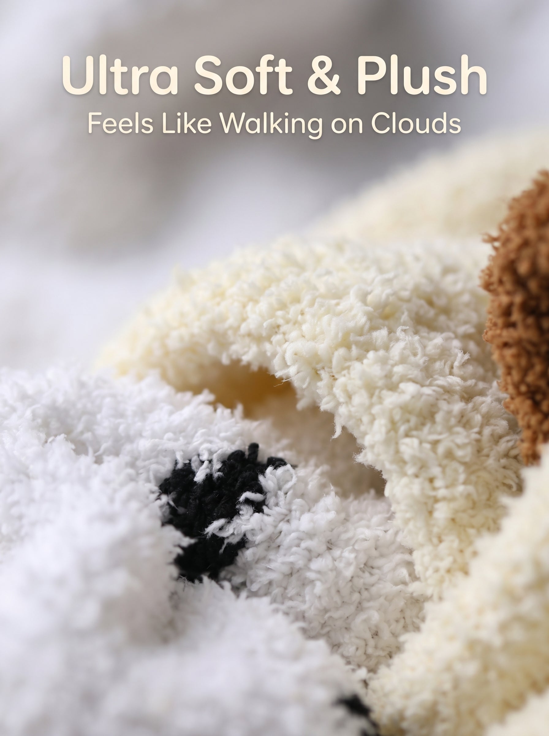 Close-up of a fluffy white blanket with text 'Ultra Soft & Plush Feels Like Walking on Clouds'.