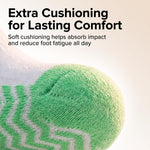 Close-up of a green and white knit sock with text reading 'Extra Cushioning for Lasting Comfort' and 'Soft cushioning helps absorb impact and reduce foot fatigue all day.'.