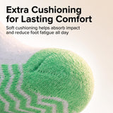 Close-up of a green and white knit sock with text reading 'Extra Cushioning for Lasting Comfort' and 'Soft cushioning helps absorb impact and reduce foot fatigue all day.'.