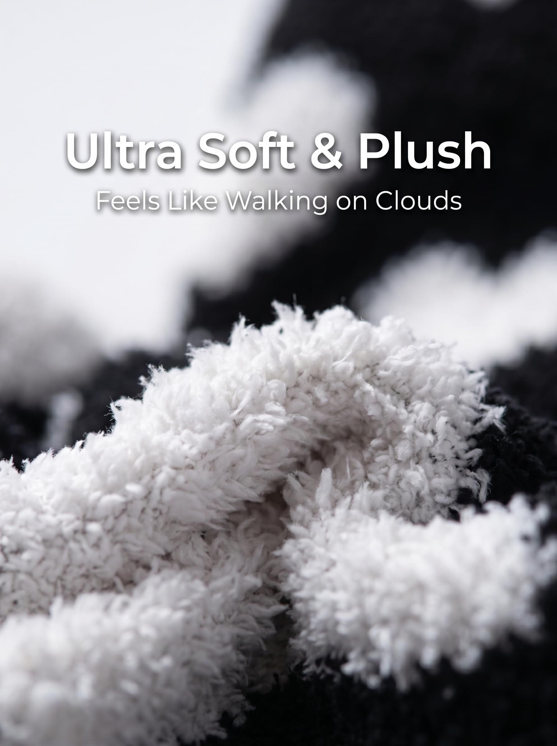 Close-up of a plush, ultra-soft fabric in white and black with overlaid text reading 'Ultra Soft & Plush' and 'Feels Like Walking on Clouds'.