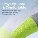 Close-up of a sock with white, gray, and bright neon green color blocking, with water droplets on the green knit. Large text reads 'Stay Dry, Cool & Comfortable' with smaller descriptive copy about moisture-wicking fibers.