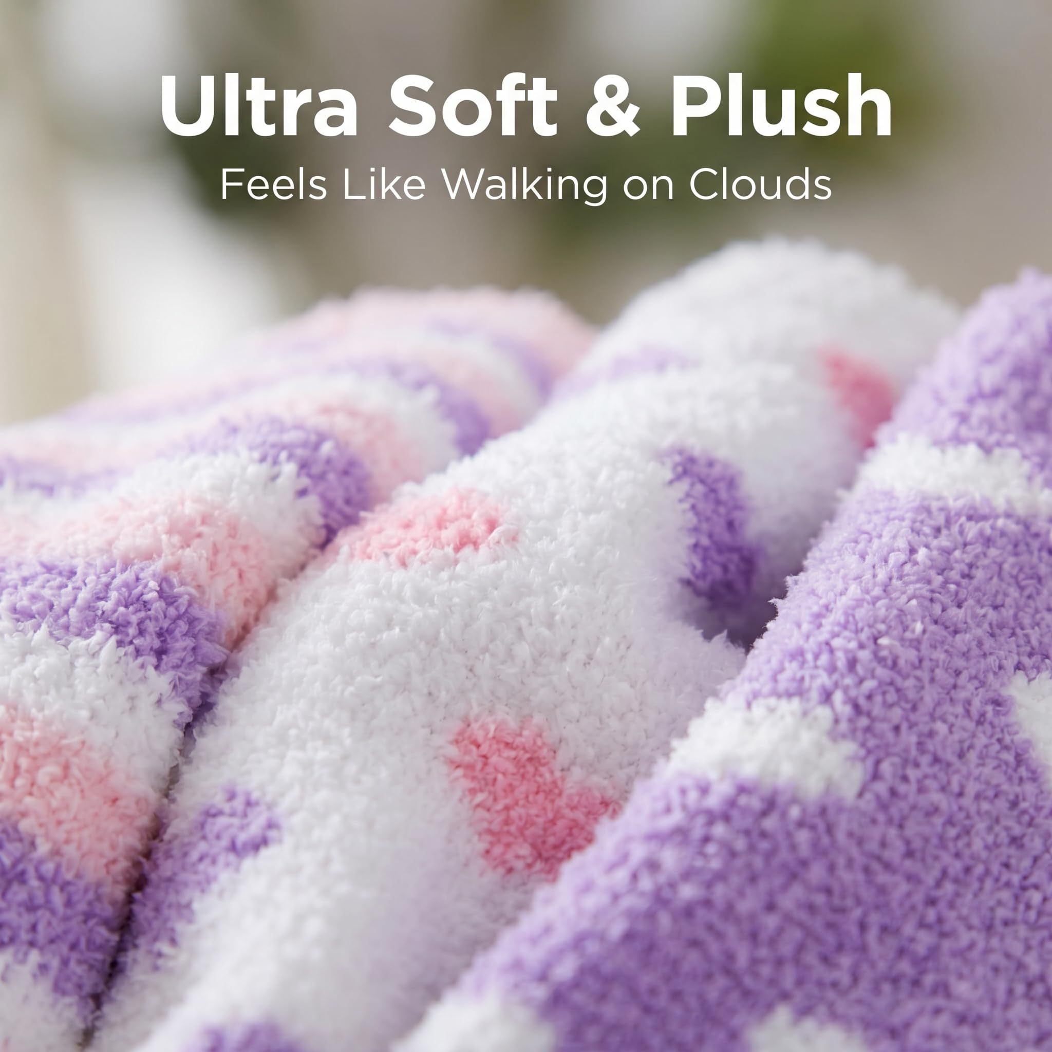 Close-up of a soft, plush blanket with text 'Ultra Soft & Plush Feels Like Walking on Clouds'.